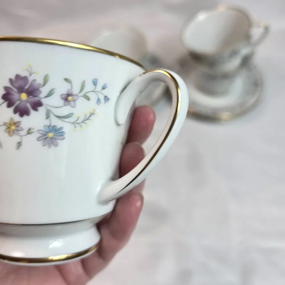 FOUR Noritake Longwood #2485 Cup & Saucer Sets Purple, Blue & Yellow Flowers